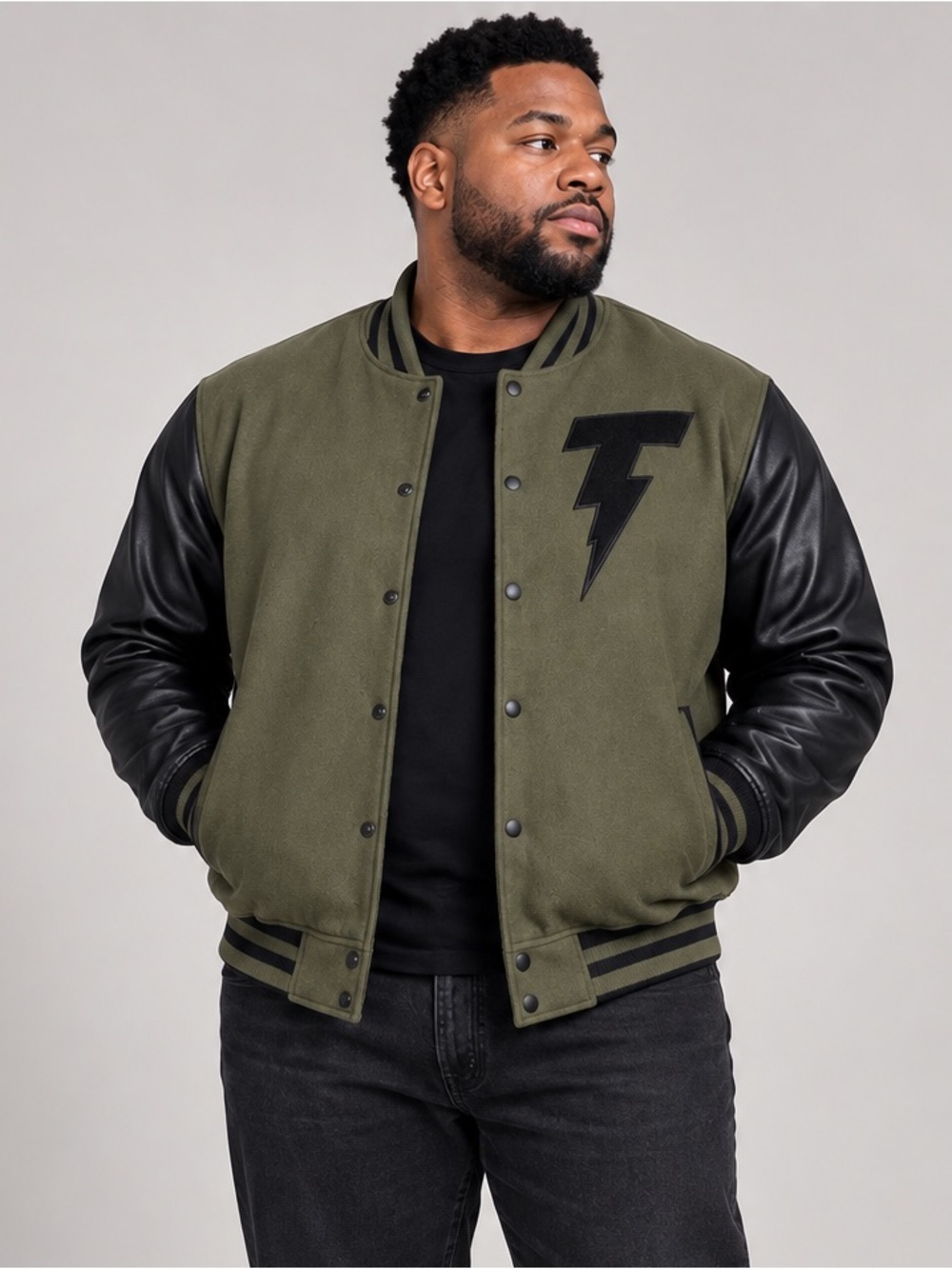 TACKMA Thunderbolt Varsity Jacket Olive Black Leather Sleeves 2XL XXL
